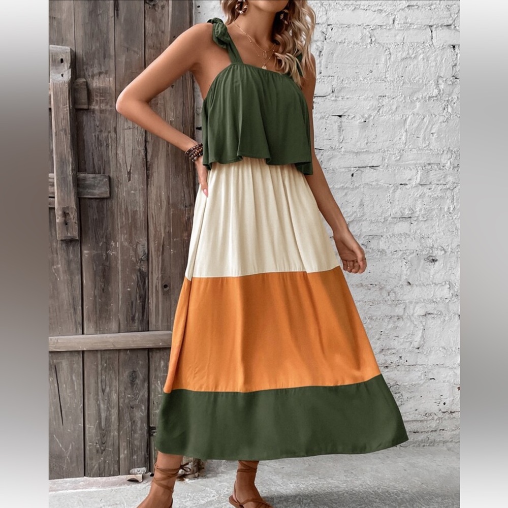 Boho Color Block Ruffle Neck Cami Maxi Dress - Picture 6 of 8